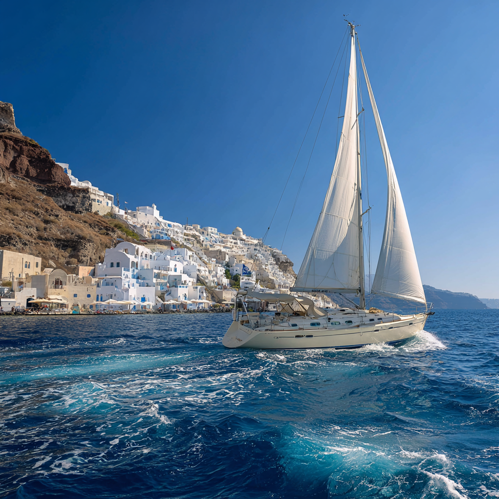 Mojito navegando junto a un pueblo blanco del Mediterráneo.